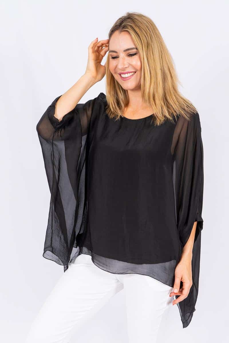 Allegra Batwing Silk Top Black