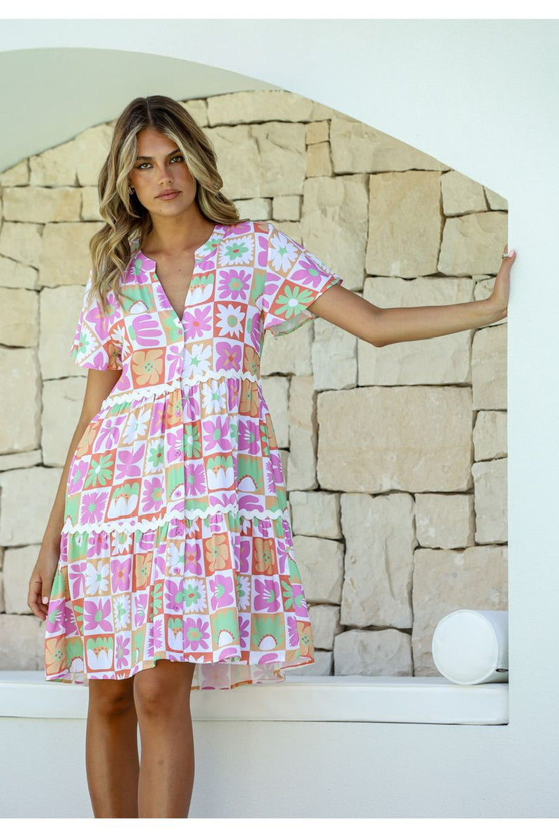 Daisy Square Button Tier Dress Pink/Lime