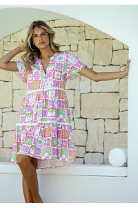 Daisy Square Button Tier Dress Pink/Lime