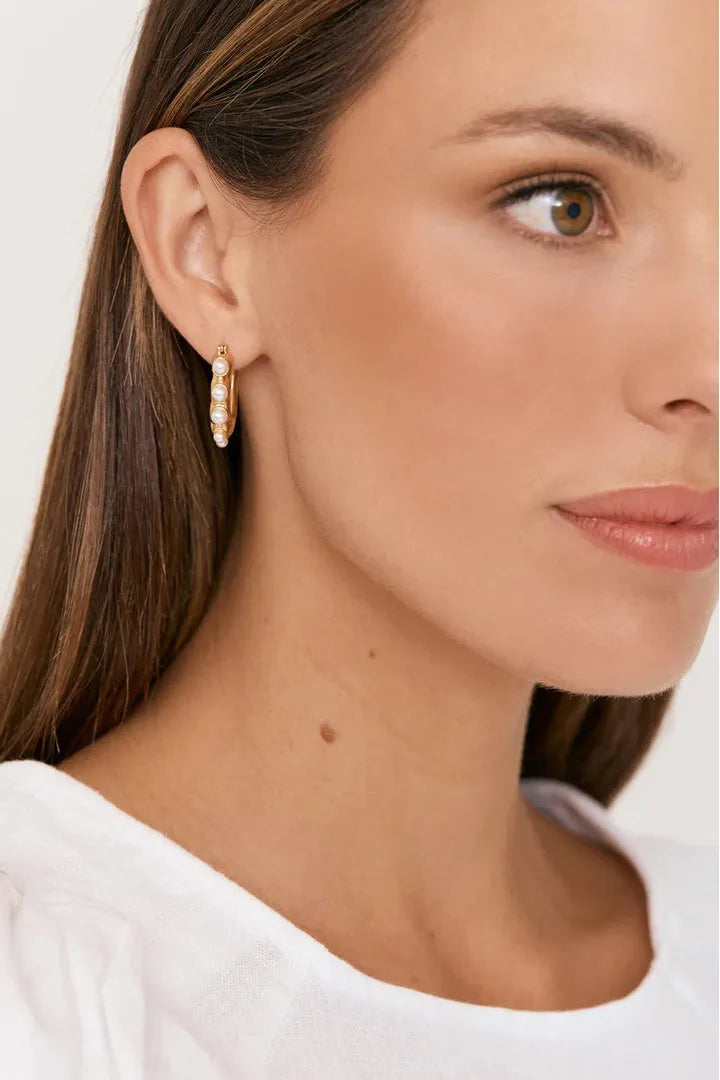 Faux Pearl Molten Hoop Earrings Gold