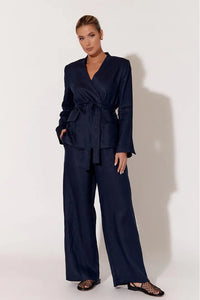 Devin Linen Belted Blazer Navy