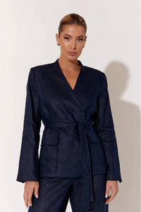 Devin Linen Belted Blazer Navy