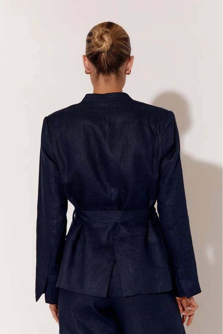 Devin Linen Belted Blazer Navy