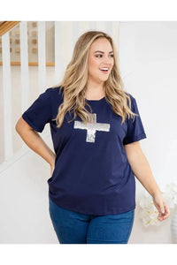 Cross Sequin Tee Navy