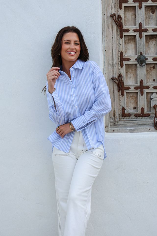 Daisy Stripe Cotton Shirt Blue