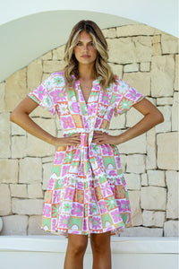 Daisy Square Button Tier Dress Pink/Lime