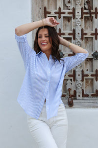 Daisy Stripe Cotton Shirt Blue