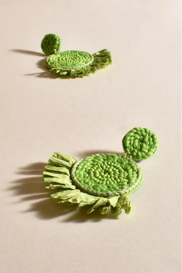 Flared Beaded Raffia Disc Earrings Green