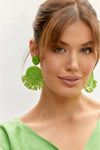 Flared Beaded Raffia Disc Earrings Green