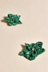 Layered Hand Stitched Flower Earring Green