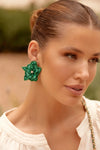 Layered Hand Stitched Flower Earring Green